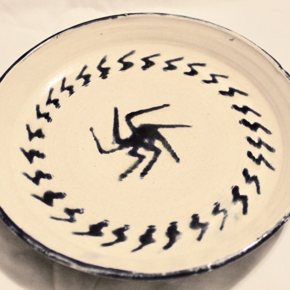 Vintage Ceramic Hand Made Painted Signed by Artist Meera Dark Blue Plate Pottery - Picture 1 of 5